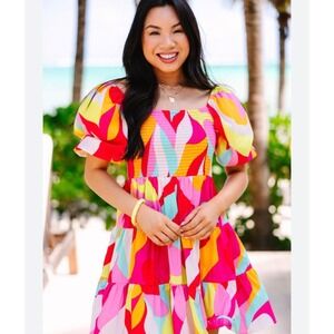 Pants Store Sweet Dreams Abstract Mini Dress Multi Color Smocked Puff Sleeve S